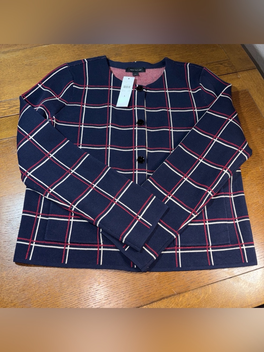 Ann Taylor Navy Windowpane Plaid Cardigan with Red and White Trim